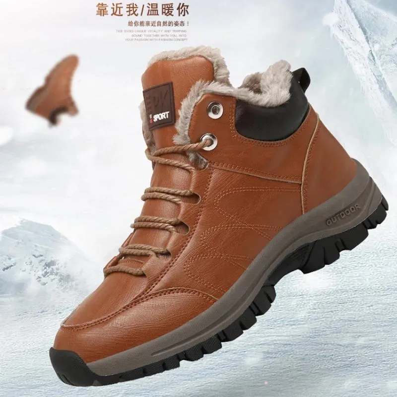 Boots Winter Mens Style Snow Leather With Fur Warm Plush Cotton
