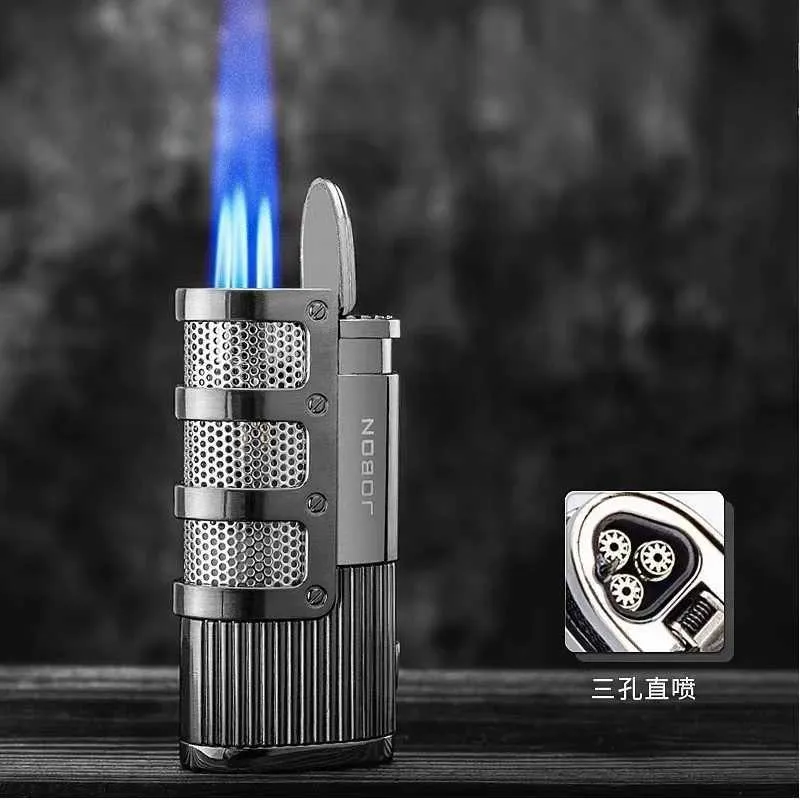 Новая металлическая уличная ветрозащитная бутановая зажигалка JOBON без газа, факел с синим пламенем, прямая турбореактивная зажигалка для сигар, резак для сигар, мужской подарок