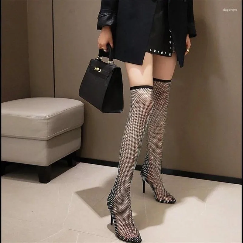 Sandals Summer Fashion Women's Boots Bling Rhinestone Mesh Pointed Sexy Nightclub Hollow Modern Over The Knee High Heels