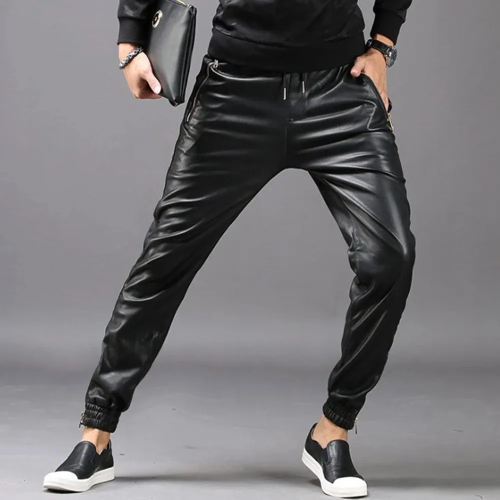 TSINGYI Moto Biker Kunstleder Hosen Männer Jogger Harem Hose Elastische Taille Zipper Taschen Schwarz Streetwear Slim Fit Kleidung 231222