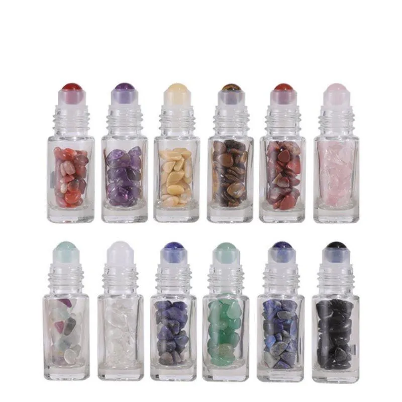 Bouteilles de rouleau d'huile essentielle de pierre essentielle naturelle 5 ml Perfumes transparents huile E liquides roule sur des bouteilles avec des copeaux de cristal