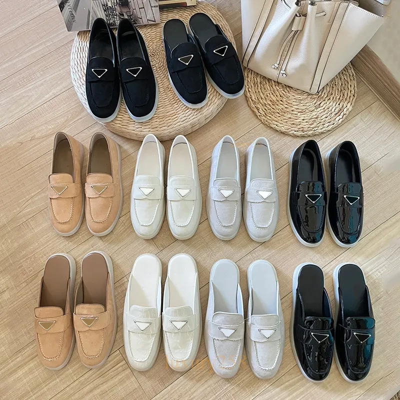 luxury loafers shoes simple casual black patent leather designer flats triangle metal decoration lady men suede casual dress shoes wrap-toe slippers