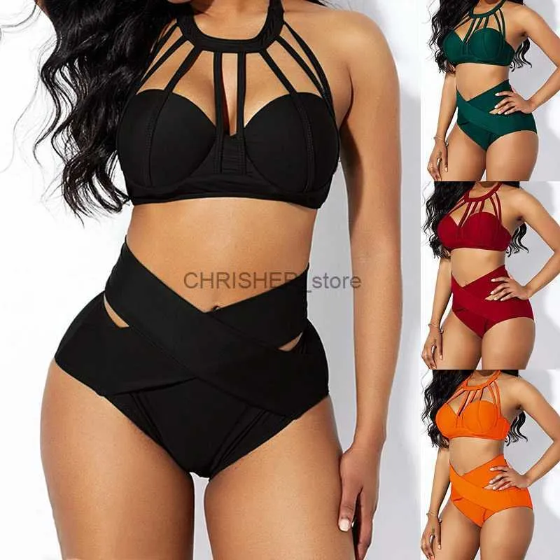 Conjunto de biquínis 2023 cintura alta sexy cor sólida biquíni feminino split maiô push up banho beachwear plus size S-5XL maiô l231225