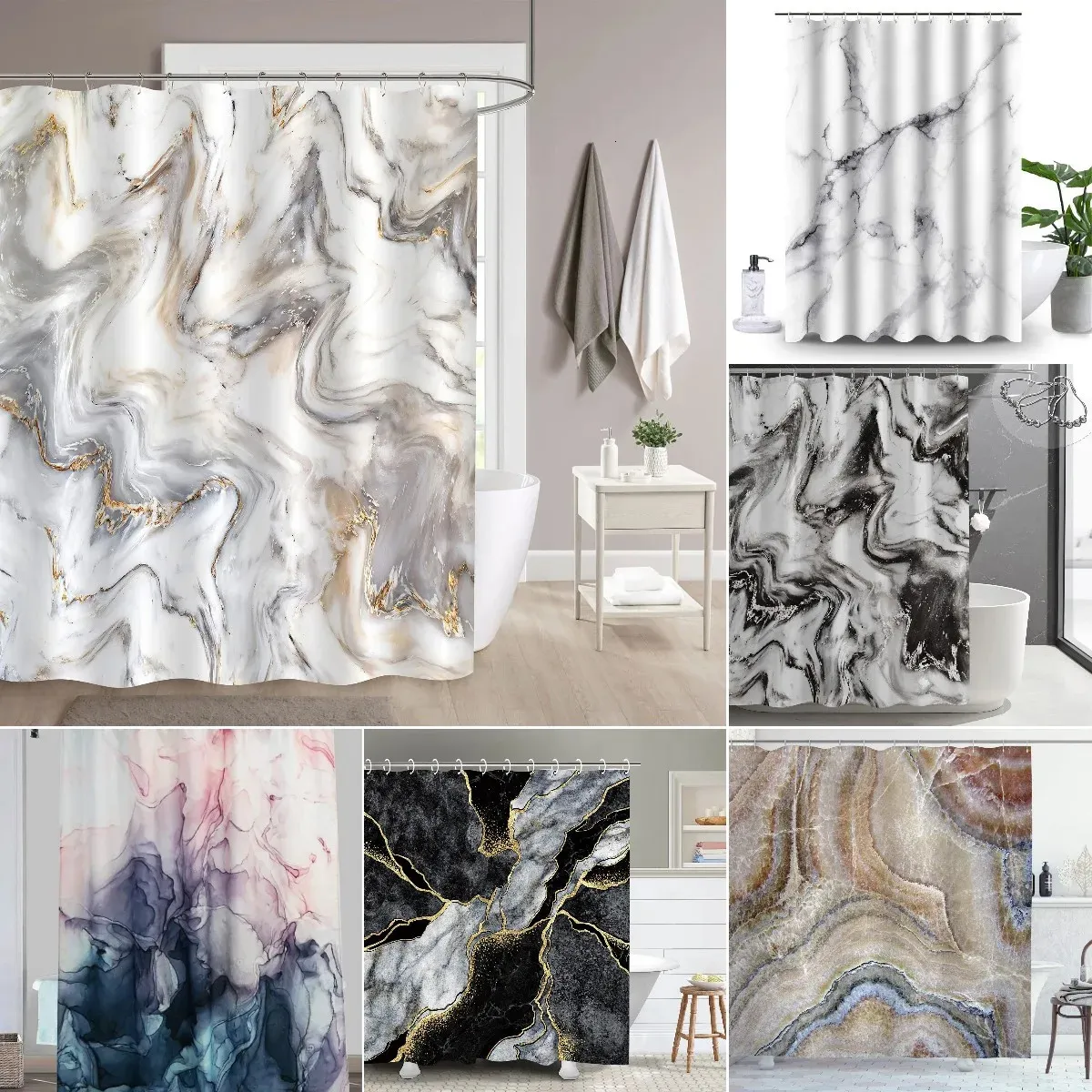 Conjunto de cortina de ducha con textura de tinta de mármol gris dorado, moderno abstracto para decoración de baño, tela lavable impermeable 231225