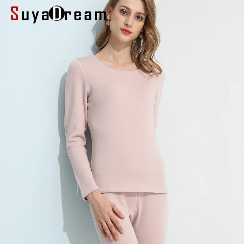 SuyaDream Vrouwen Fleece Warme Lange Onderbroek 100% Natuurlijke Zijde Geborsteld Effen Winter Thermische Roze Naakt Ondergoed 231225