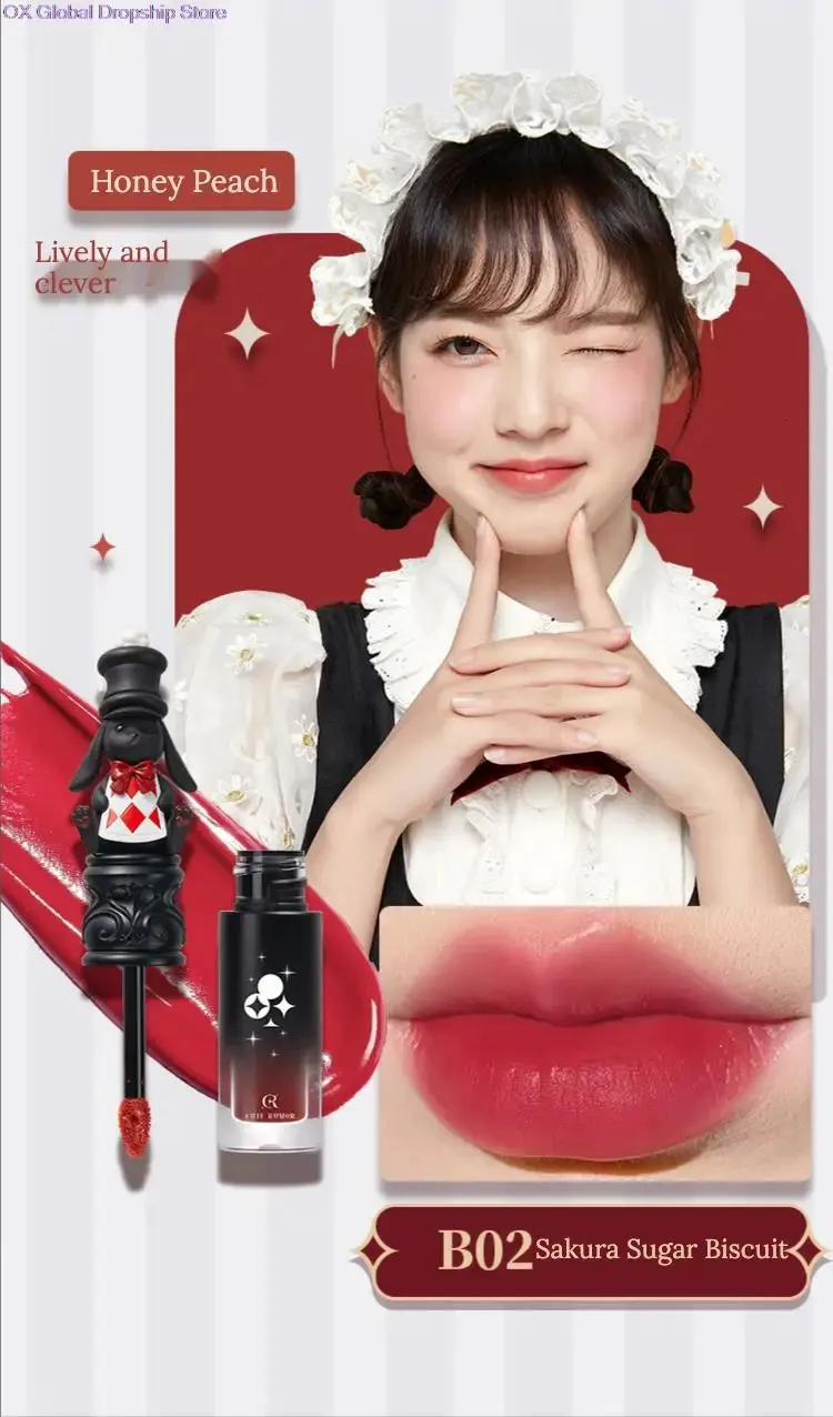 Bonito Rumor Wonderland Tea Party Coelho Preto Veludo Lip Glaze Adorável Retro Suave Suave Nevoeiro Hidratante Matte Lipgloss 231225