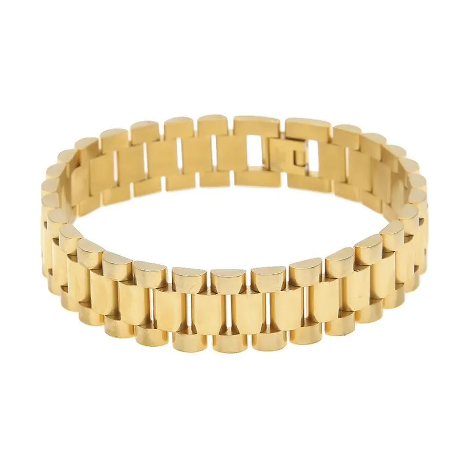 Мужчины браслет из хип -хоп из нержавеющей стали 24K золотые серебряные часы браслет Bracelet Link Fashion Punk Jewelry 15 мм 21 мм2159