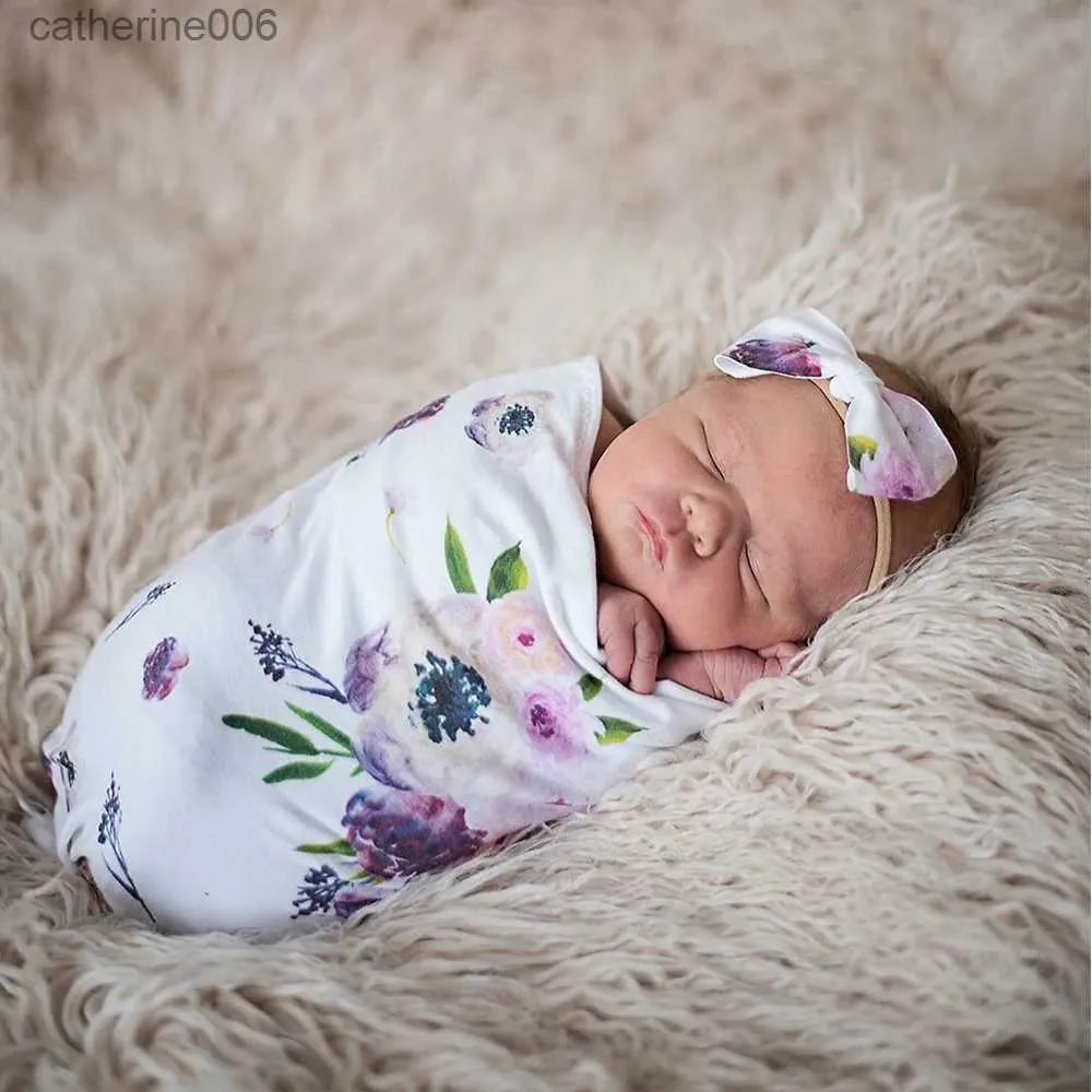 寝袋コットン新生児男の子の女の子フローラル寝袋スリープ袋ラップスワドル+ヘッドバンドセット