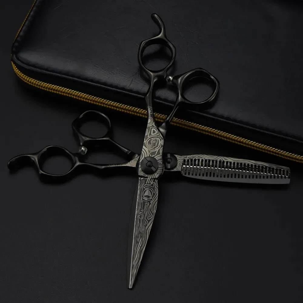 Professionnel 6 '' haut de gamme noir damas ciseaux à cheveux coupe barbier makas outils coupe de cheveux amincissement cisailles coiffeur 231225