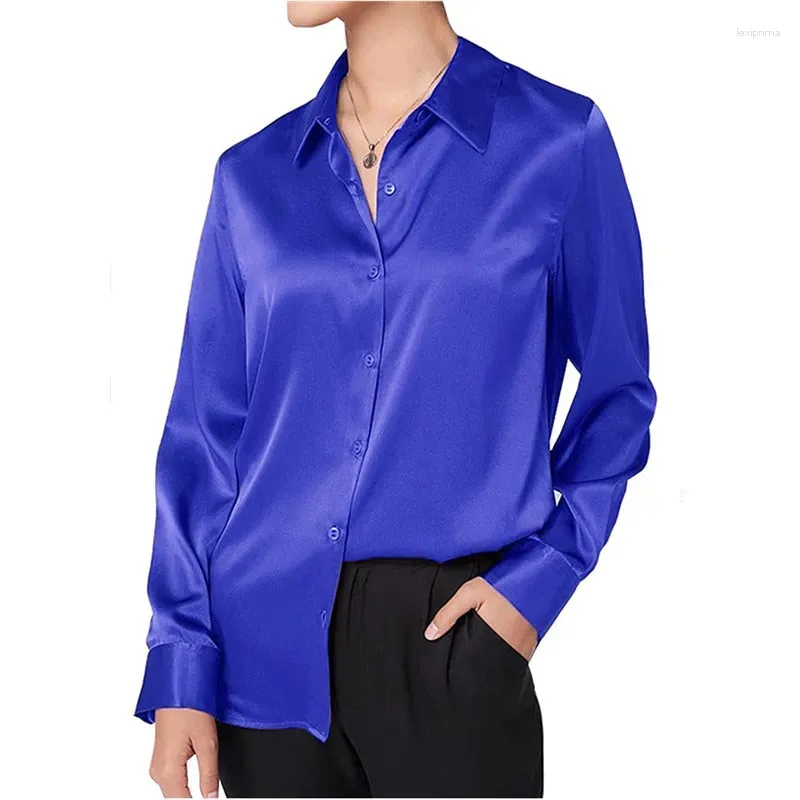 Women's Blouses Fashion Casual Blue Silk Shirt Woman Office Work Buttons Basic Satin Top Long Sleeve Loose Shirts For Women Blusas 24657