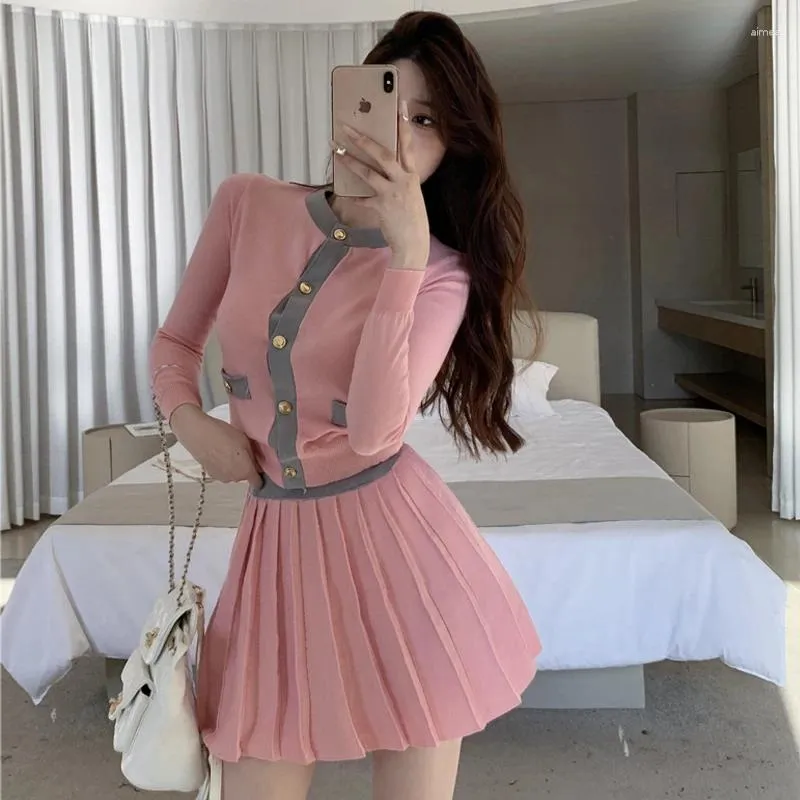 Work Dresses Korean Fashion Y2k 2 Piece Set Woman Casual Knitting Sweater Tops Slim Pleated Mini Skirts Elegant Solid Suit Office Lady Chic