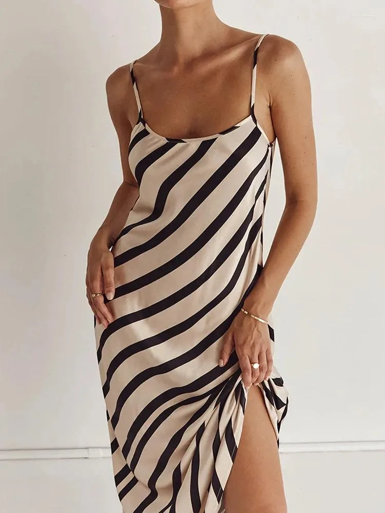 Casual Dresses Summer Zebra Stripes ärmlös Maxi Dress Women Sexig spaghettirem Slim Long Elegant 2023 Evening Party Beach