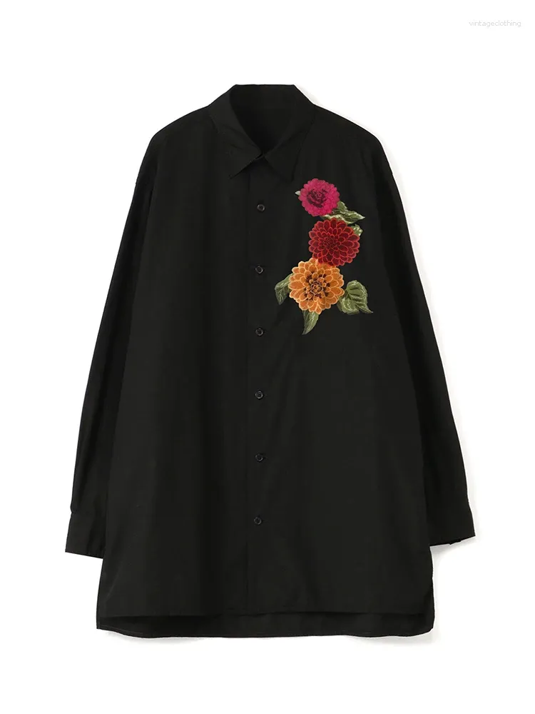 Men's Casual Shirts MAMELICCE Flower Embroidery Dark Style Original & Blouses For Women Yohji Unisex Oversize Men Clothing