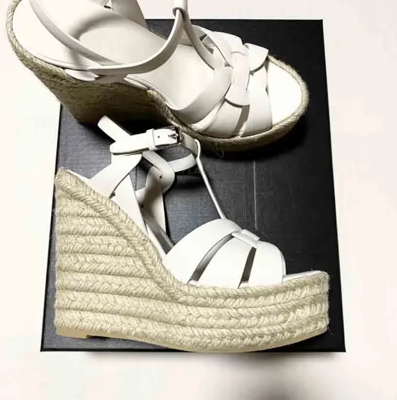 Designer sandal women's wedge heel Tribute woven leather espadrille wedge sandals nude patent leather wedding dress pumps open toe with box