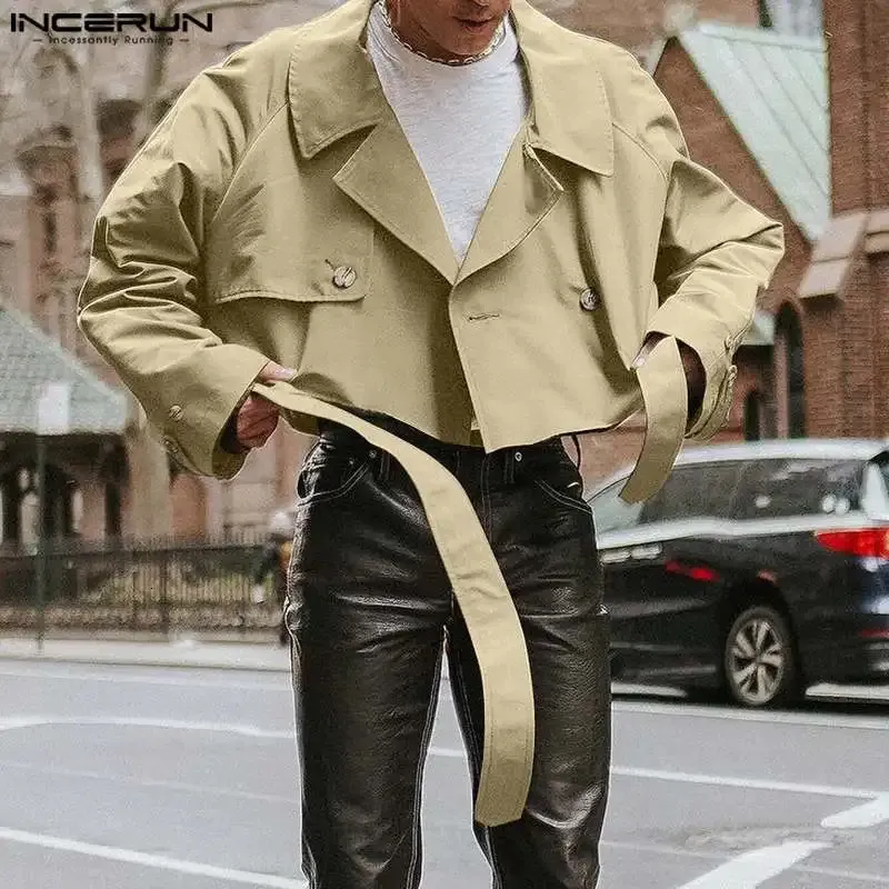 Incerun 2023 mode män jackor lapel långärmad solid färg streetwear manliga grödor lösa casual med bälte s 5xl 231225