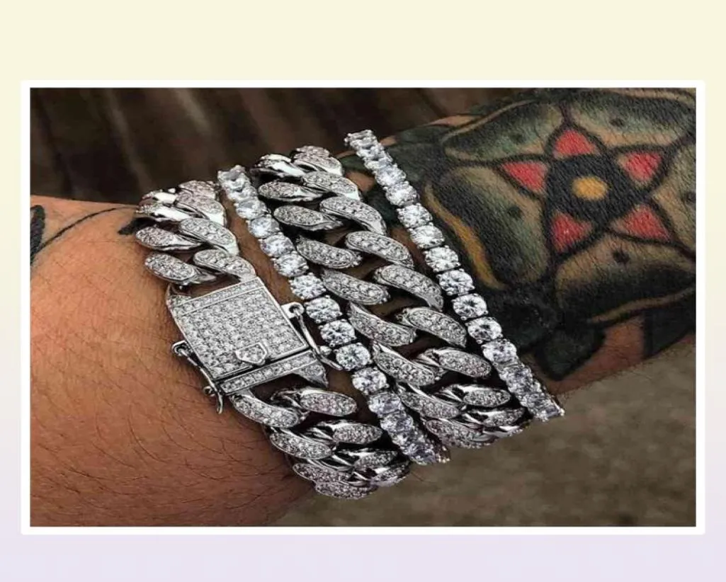 Mens Iced Out Gold Silver Armband Cubic Zirconia Bling Open Lock Seamless Cuban Miami Link Chain Armband för män Hip Hop Jewler2411307