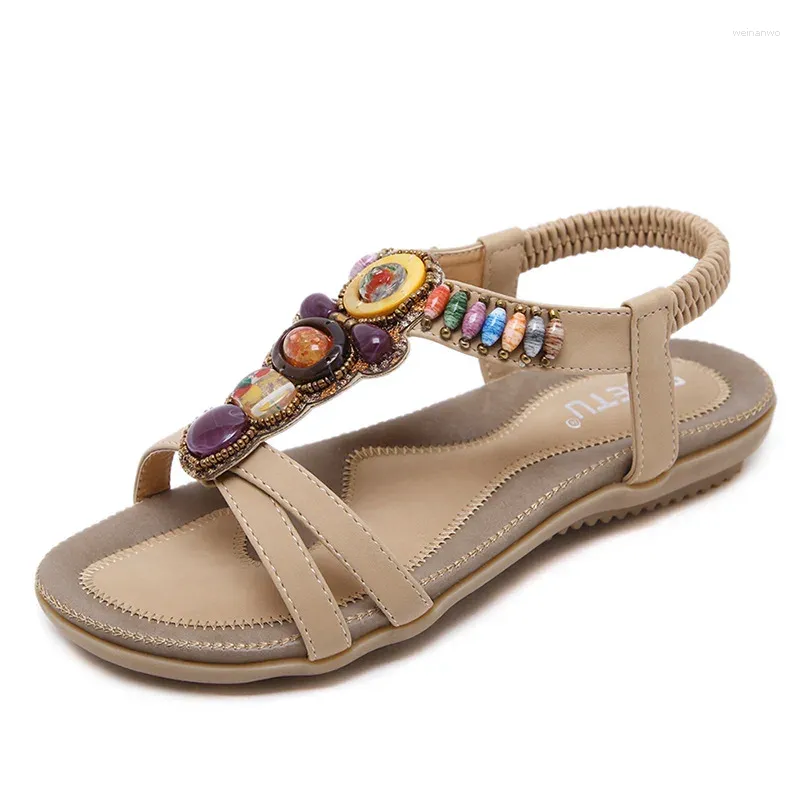 Sandals Summer 2024 Ethnic Style Women Cross Border Bohemian Beach Beaded Retro Plus-size Flat Wholesale