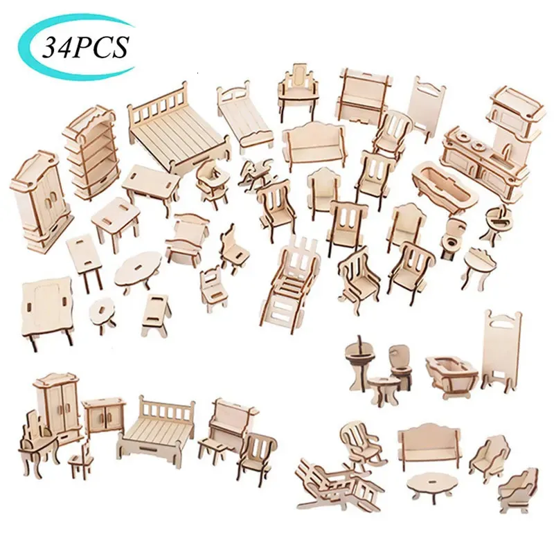 34PCS Set 3D Wooden Puzzle Toy 1 12 Mini Wooden Furniture 3D Building Model Doll House Accessories DIY Children Educational Toys 231225