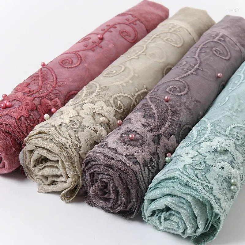 Scarves Plain Floral Cotton Scarf Embroidery Hijab Shawl Women Muslim Headscarf Islamic Turban Lace Pearl Headband Stoles