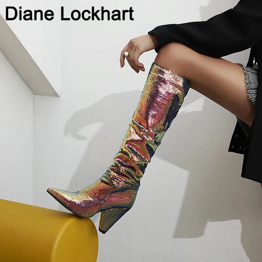 Slouch Wrinkle Women Boots Colorful Pointed Toe Thick Heels Folds Boots Woman Fashion Bling Leather Knee High Boots Winter Shoes 231225