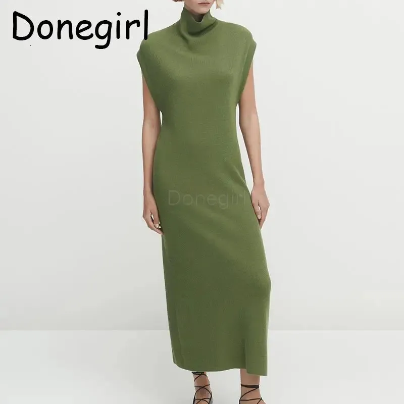 Donegirl Women Fashion Short Sleeve Turtleneck Dresses Simple Temperament Knitted High Collar Long Dress Female Chic 231225