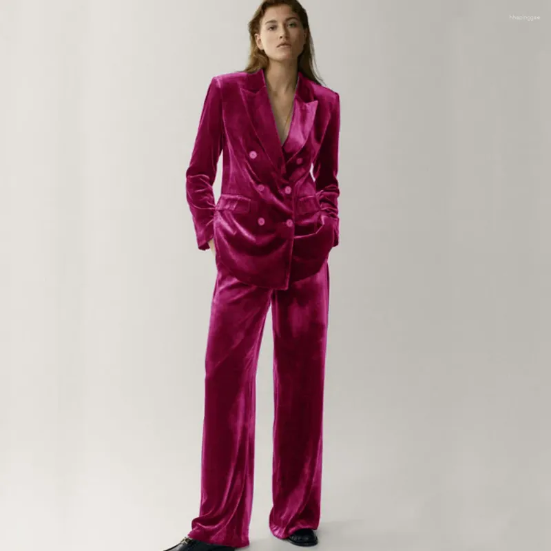 Dames tweedelige broek Velveteen pak chic en elegante vrouw set dubbele borsten 2-delige (jasbroek) modepakken standaardkraag