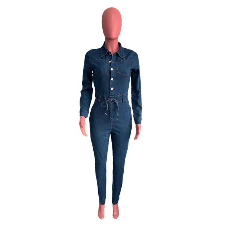 2024 Designer Fall Winter Denim Jumpsuits Women Long Sleeve Rompers Casual Turn-down Collar Jeans One Piece Overalls Street Wholesale Clothes 10408