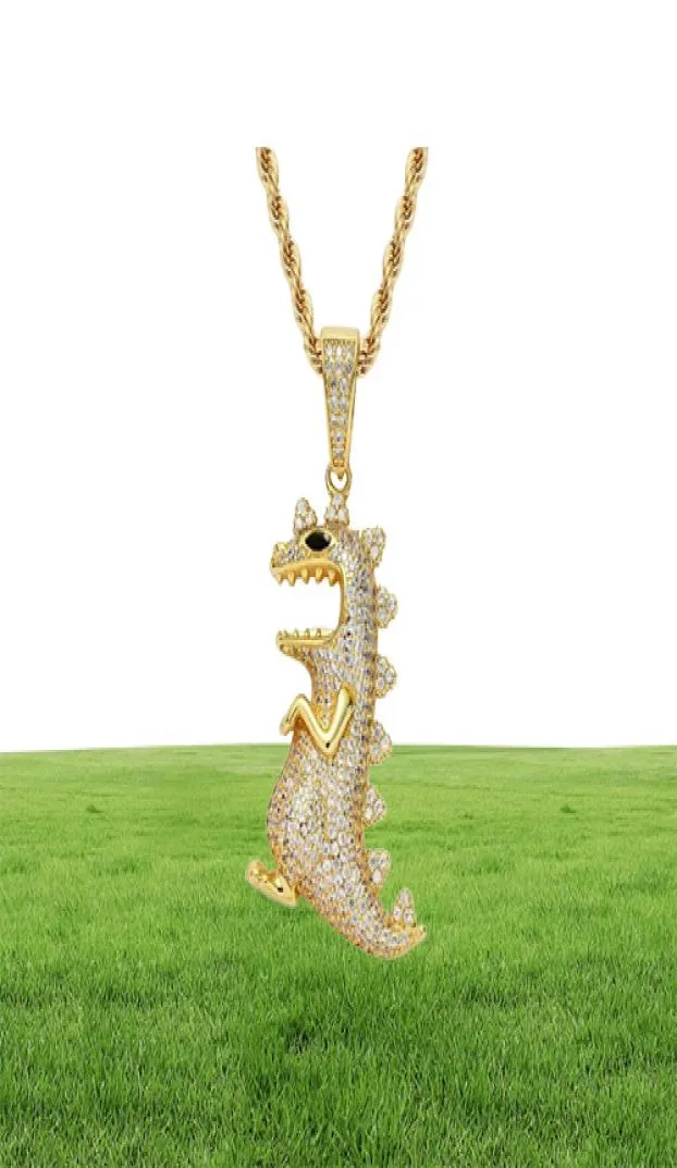 MATHALLA Men039s Hiphop Animal Dinosaur CZ Pendant Jewelry Iced Out Cubic Zircon Pendant Brass Copper Gold Chain Necklace Joyer5149568