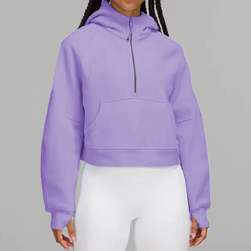 Nya kvinnor yoga kläder borstade halv zip hoodie jacka sportkläder huva träningsbana löpning med fickor utomhus fleeces tumhål