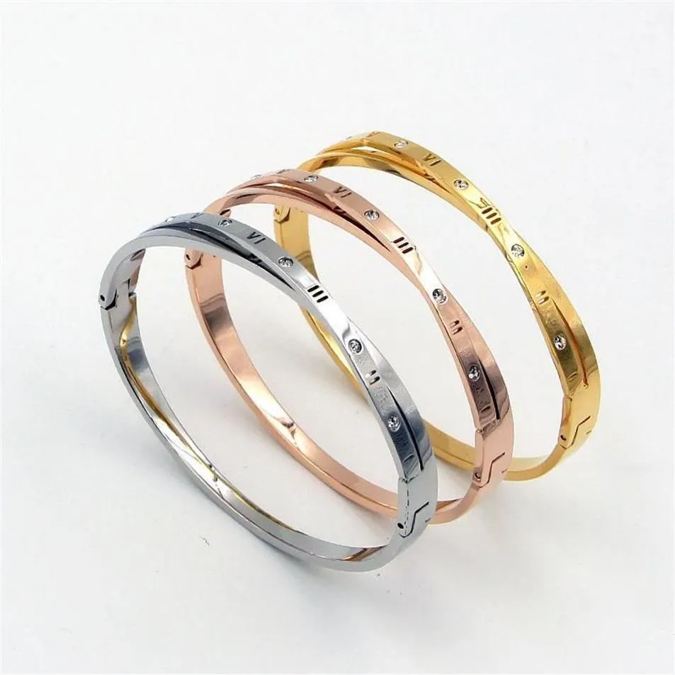 Bangle Fashion en acier inoxydable Meilleur cristal rond Roman Numerals Cross Bracelet Rose Gold Color Woman Femme Gift1239T