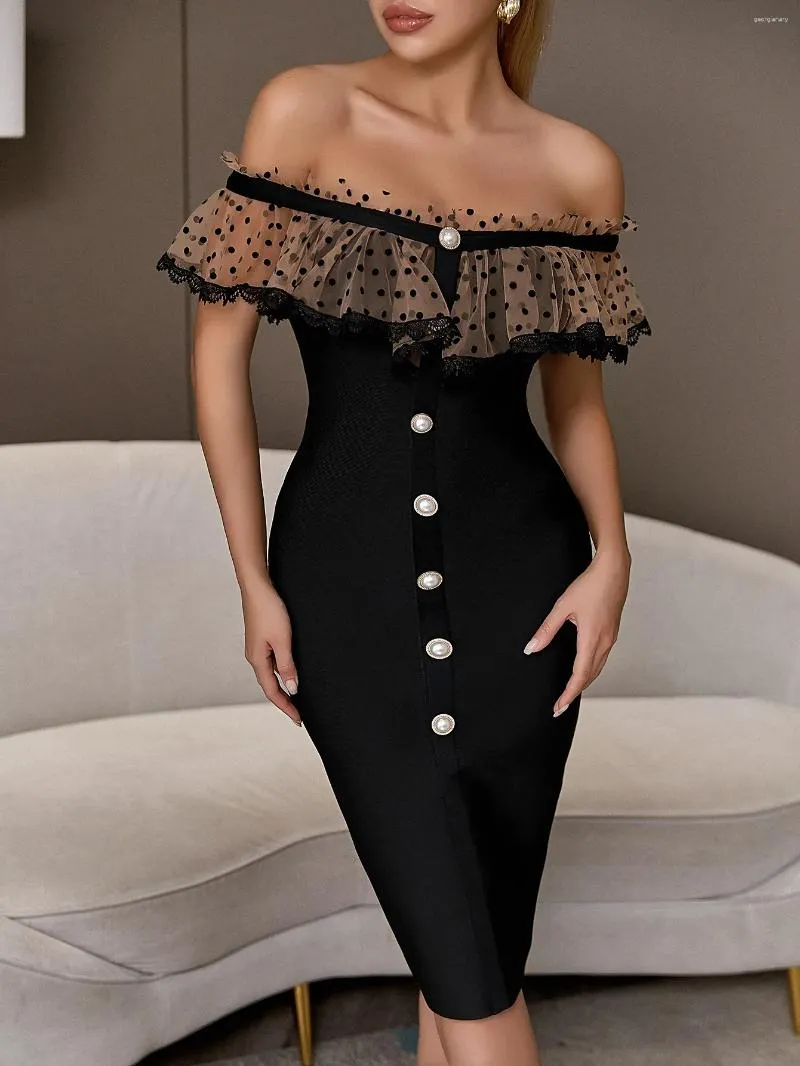 Lässige Kleider schwarzer Spitze Verbandskleid Frauen 2023 Off Schulter Rückenless Button Wrap Hip Party Abend Elegantes schlankes Outfit H12805