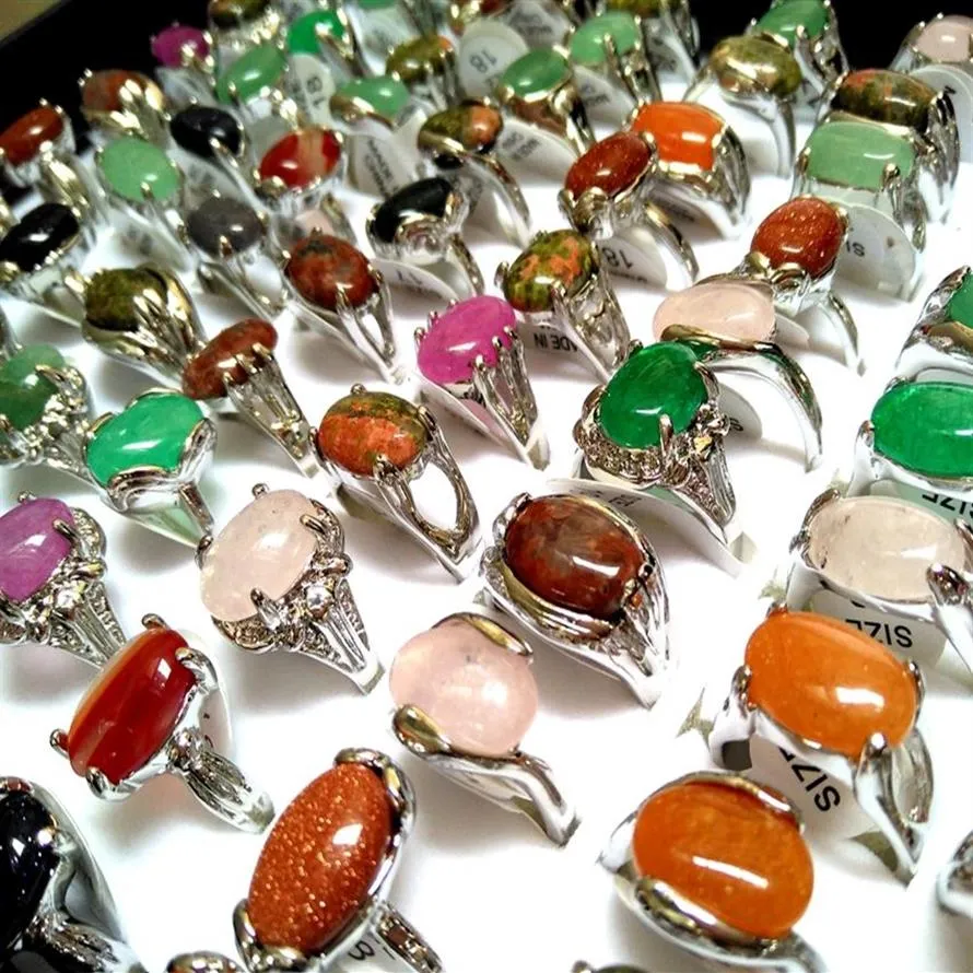 Cała 50pcs Top Mix Kolorowe pierścionki z kamienia naturalnego Kobiety Kryształ Kryształ Urok Elegancki pierścień mody Rhinestone Pierścień Xmas Jewelry2620