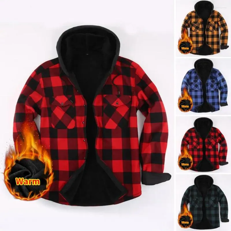 Men's Casual Shirts Men Fall Winter Shirt Hooded Drawstring Color Matching Plaid Print Long Sleeve Single-breasted Buttons Soft Warm Thick