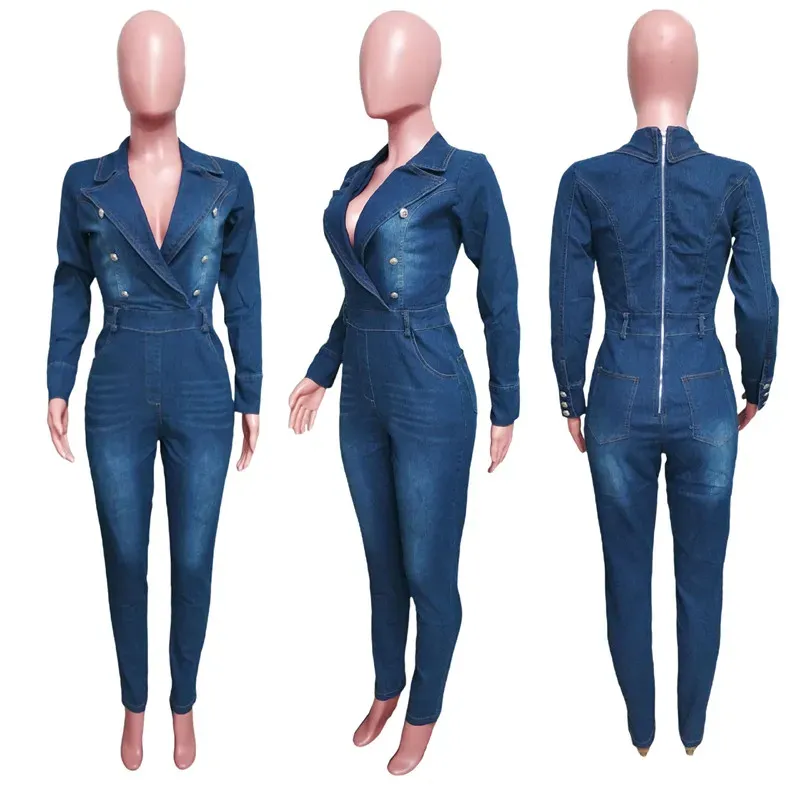 2024 Designer Denim Jumpsuits Women Fall Winter Long Sleeve Rompers Zipper Turn-down Collar V-neck Jeans One Piece Overalls Bulk Wholesale Clothing 10407