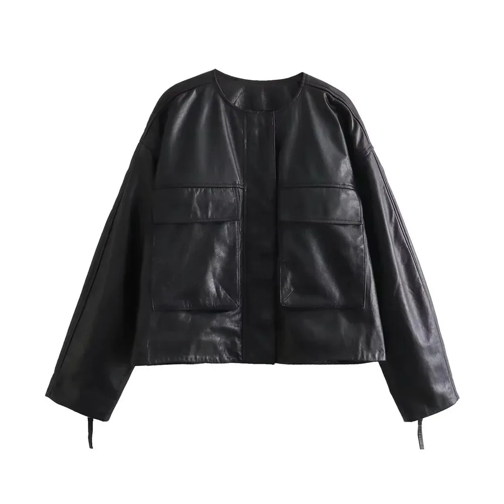 Zach Ailsa Autumnwinter Womens Fashion Temperament Black Round Neck Casual Imitation Leather Jacket 231225