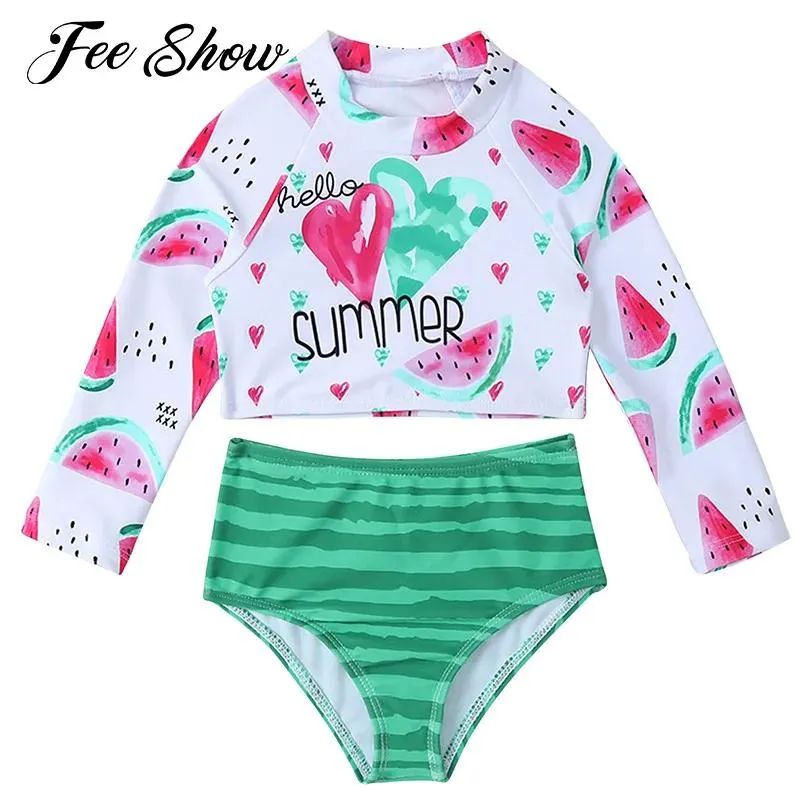 set 2Pcs Swimsuits Summer Cute Kids Girls Watermelon Letter Print Swimwear Long Sleeve Swim Top Bikini Bottoms Tankinis Set Swimsuit