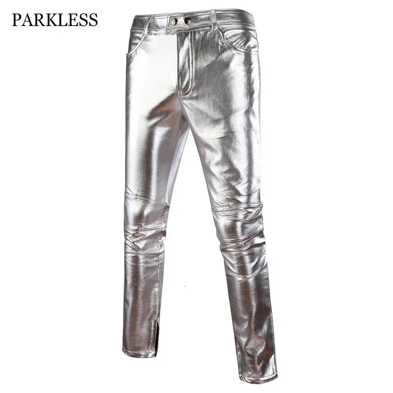 Motorcycle PU Leather Pants Mens Brand Skinny Shiny Gold Silver Black Trousers Nightclub Stage for Singers Dancers 231222