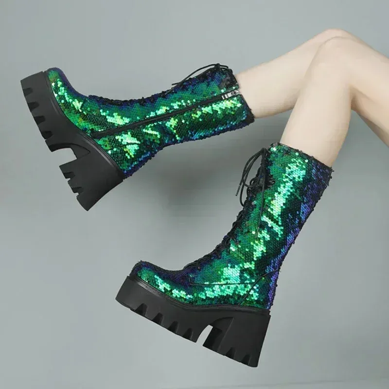 Bottines à plateforme à paillettes à bout rond pour femmes, chaussures de grande taille 43, Style Punk, fête, discothèque, scène, hiver, 231225