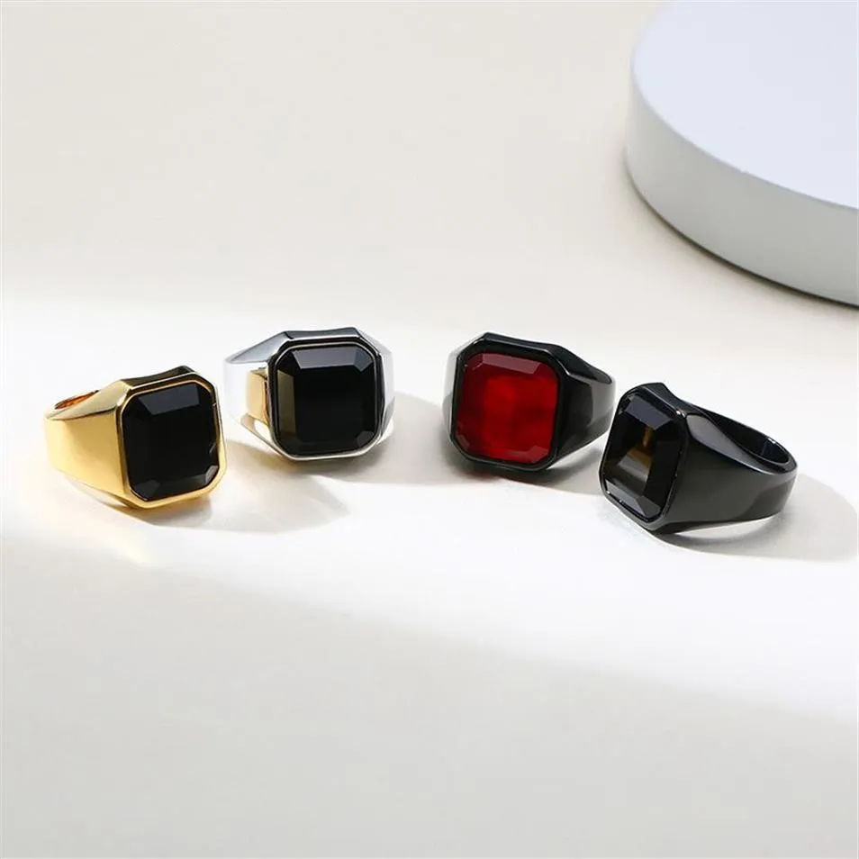 2021 Stylish Mens Signet Pinky Ring Gold and Silver Tones Stainless Steel Black Stone anel masculino Male Accessory304M