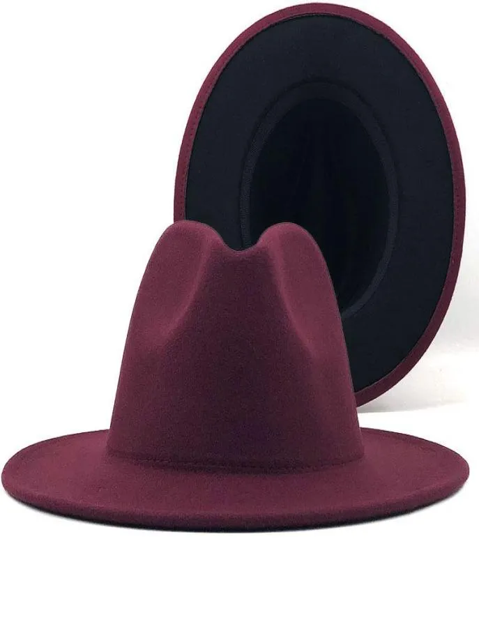 Classiques Femmes Hommes Extérieur vin Rouge Intérieur Noir Laine Feutre Jazz Deux Tons Fedora Chapeau Vintage Style Britannique Large Bord Panama Cap9274008