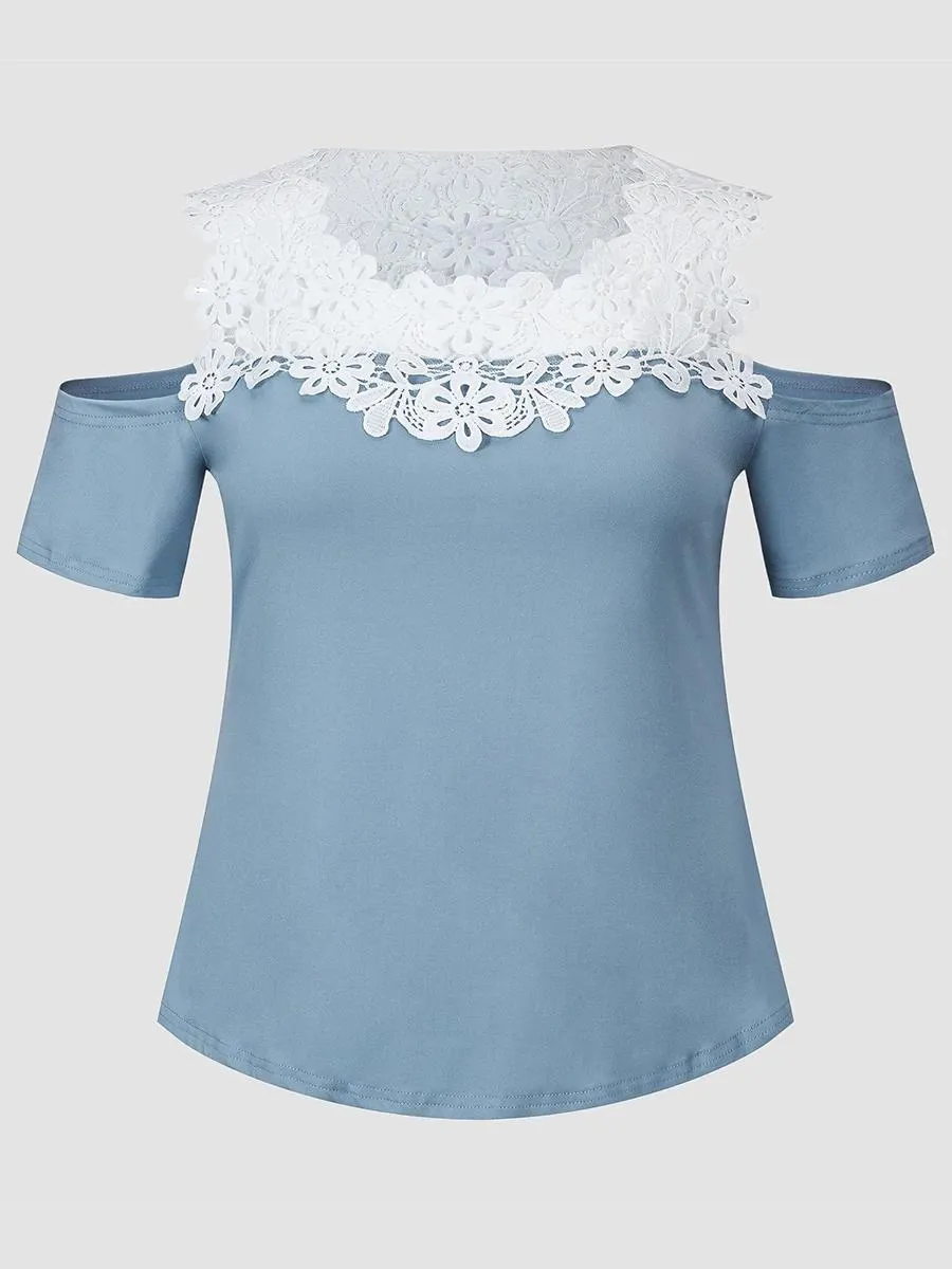 Chemises Finjani grande taille bleu ciel t-shirts beau décolleté en dentelle t-shirt vêtements pour femmes livraison gratuite liquidation