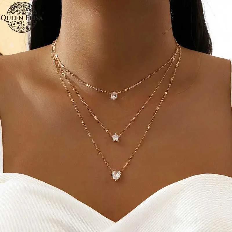 Colliers de perles Collier bohème pour femmes trois couches étoile amour pendentif collier Vintage cristal Zircon métal collier chaîne pour filles bijouxL231225