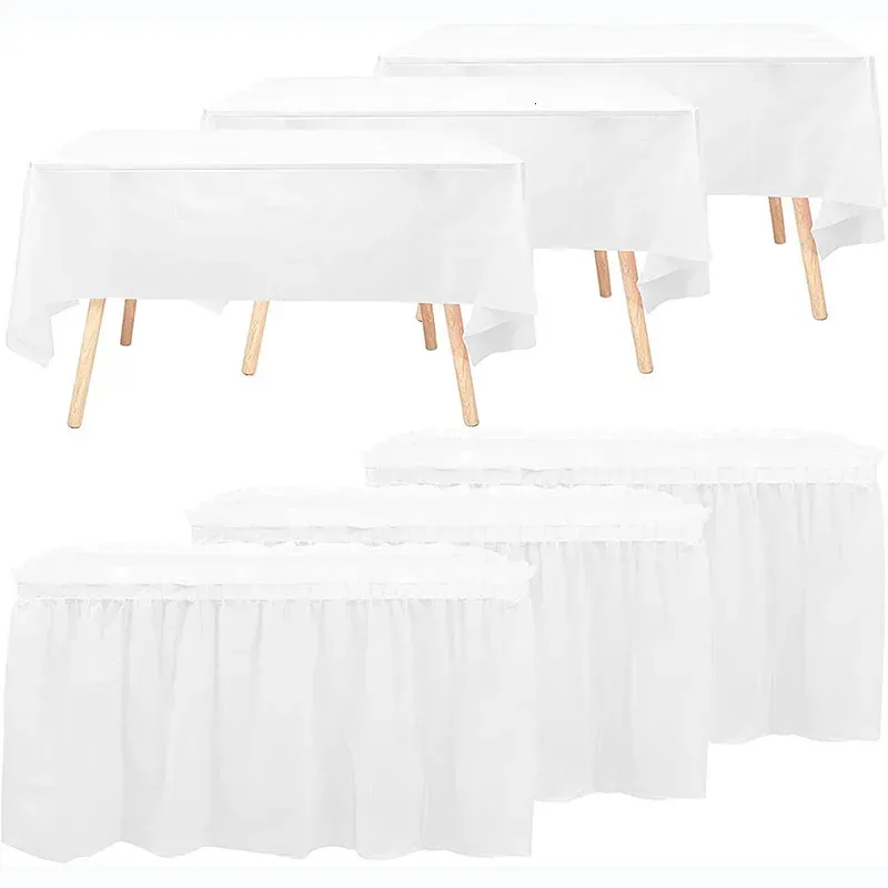 Set gonna e tovaglia usa e getta in plastica bianca da 29 "x 14 piedi" per la decorazione della tavola rotonda rettangolare Forniture per feste di compleanno 231225