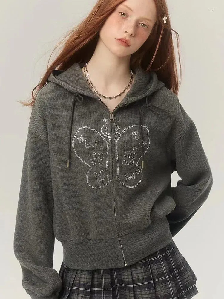 Giacche da donna Grey Butterfly Sequestro grafico Felpa con cappuccio Donne Corea con cappuccio con cappuccio a maniche lunghe con cerniera Autunno streetwear autunno