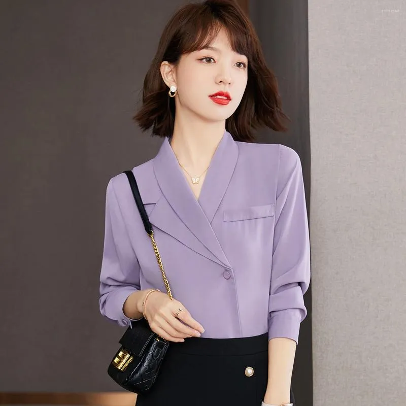 Women's Blouses French Style Vintage Suit Collar Long Sleeve Purple Shirt Women Tops Spring Autumn Office Lady Elegant Slim Casual Blouse