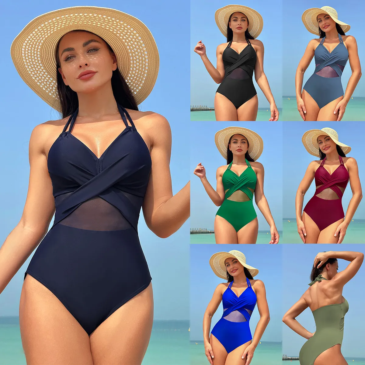 2024 New European and American jumpsuit women's solid color mesh bikini swimsuit