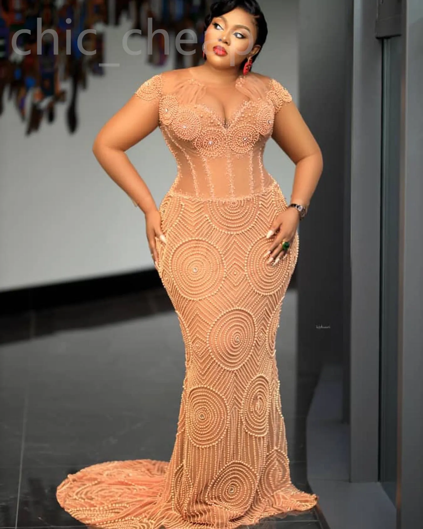 Champagne Mermaid Prom Dress Aso Ebi Style, Pearls Crystals Evening  Gown, Formal Party, Second Reception, Birthday Dress