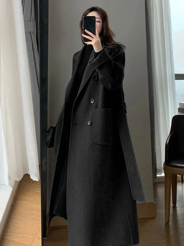 ジャケット・アウター DOUBLE WOOL LONG COAT Womens Casual Double-Breasted Faux Wool Long Coat for Fall