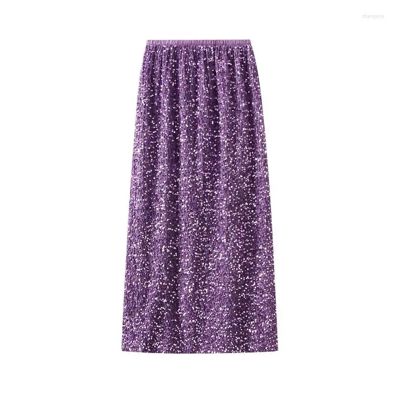 Röcke Purple Casual Elegante Pailletten hohe Taille Rückenlader Straight Wrap Hip Long Rock 2024 Frühling Herbst Frauen tragen