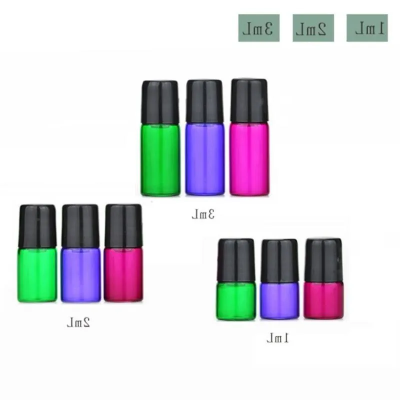 Colorfu 1 ml 2 ml 3 ml bouteilles en verre rouge vert violet Rouleau vide sur bouteilles en verre pour bouteille d'huile essentielle 1200pcs 1cc 2cc 3cc échantillon bott kseb